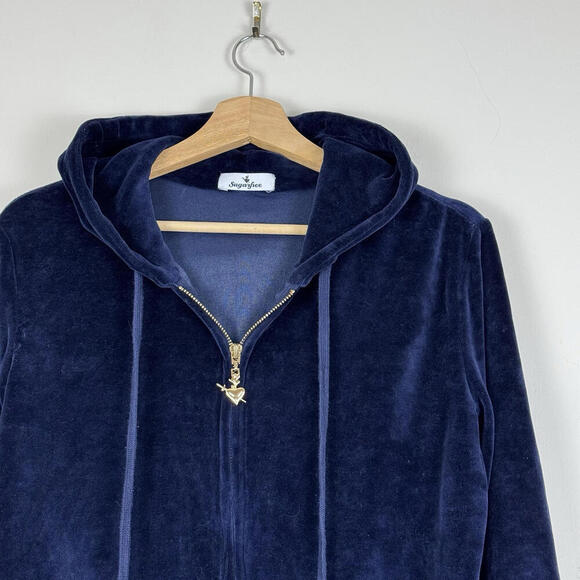 Sugarfree Navy Blue Velour Zip-Up Hoodie Gold Hardware Size M Y2K Angle Heart - Picture 5 of 9